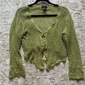 Y2K Boho Fairy Core Crochet Cropped Cardigan Bell Sleeves Size Large